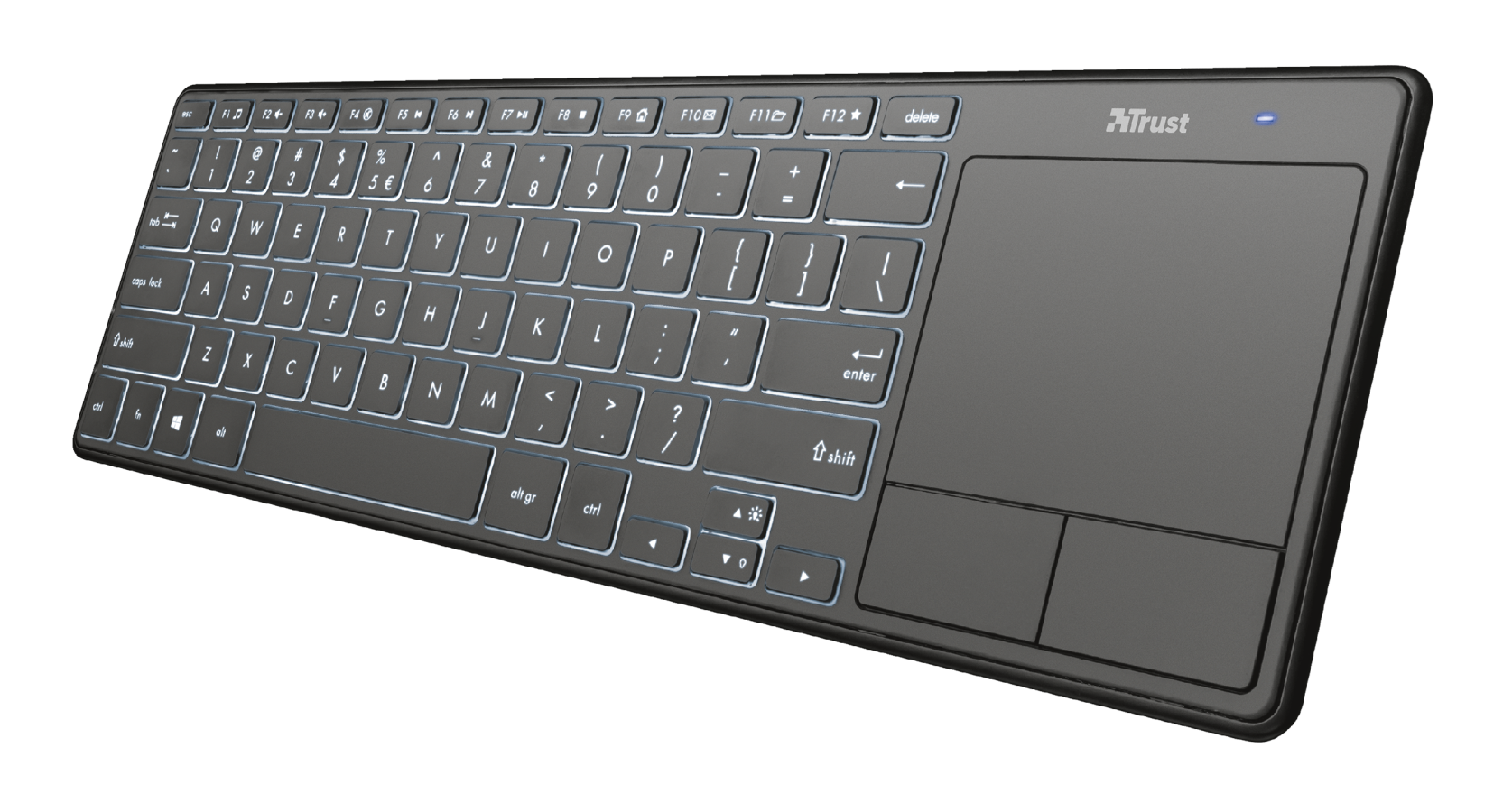 ▷ Tastatura Wireless TRUST Theza with touchpad, Iluminata, Led Alb, Neagra  - PcBit.ro - PcBit Electronics