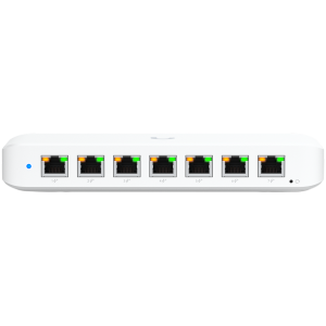 Ubiquiti USW-Ultra-210W-EU compact, Layer 2, 8-port GbE PoE switch with versatile mounting options, 7x GbE PoE+ output ports, GbE port with optional PoE++ input, 202W PoE availability with the included AC power adapter